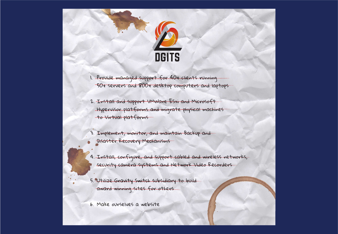 1. (crossed off)  Provide managed support for 40+ clients running 50+ servers and 800+ desktop computers and laptops
2. (crossed off)  Install and support VMWare ESXi and Microsoft Hypervisor platforms and migrate physical machines to Virtual platforms
3. (crossed off)  Implement, monitor, and maintain Backup and Disaster Recovery Mechanisms
4. (crossed off)  Install, configure, and support cabled and wireless networks, security camera systems and Network Video Recorders
5. (crossed off) Utilize Gravity Switch subsidiary to build award winning sites for others
6. Make ourselves a website